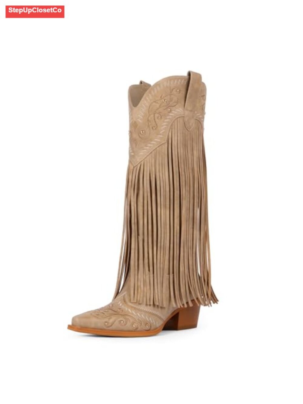 Knee High Faux Leather Cowboy Boots Fringe Embroidered Pointed Toe Women